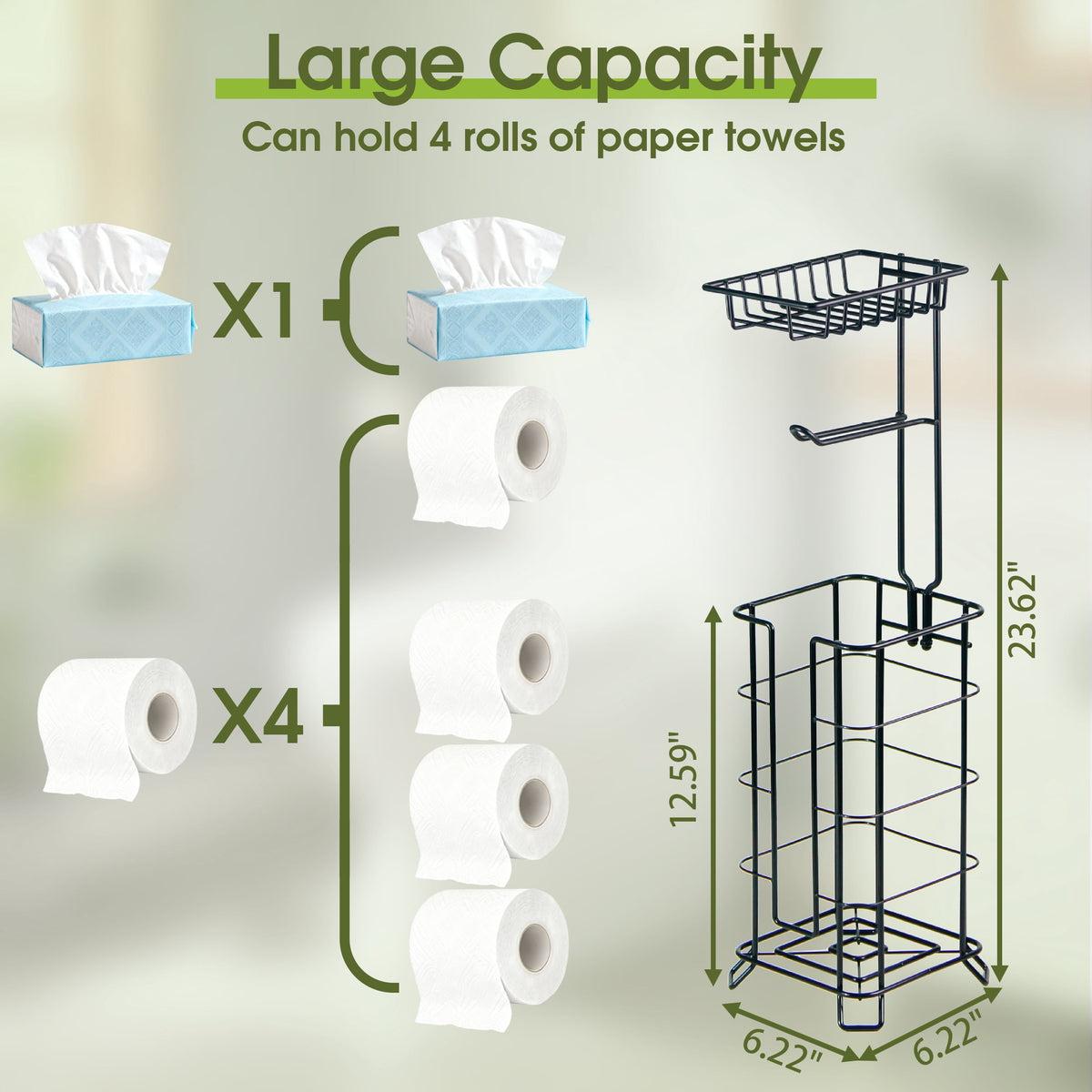 Free-Standing Toilet Roll Stand with Top Shelf, Holds Four Rolls, Black - Image 2