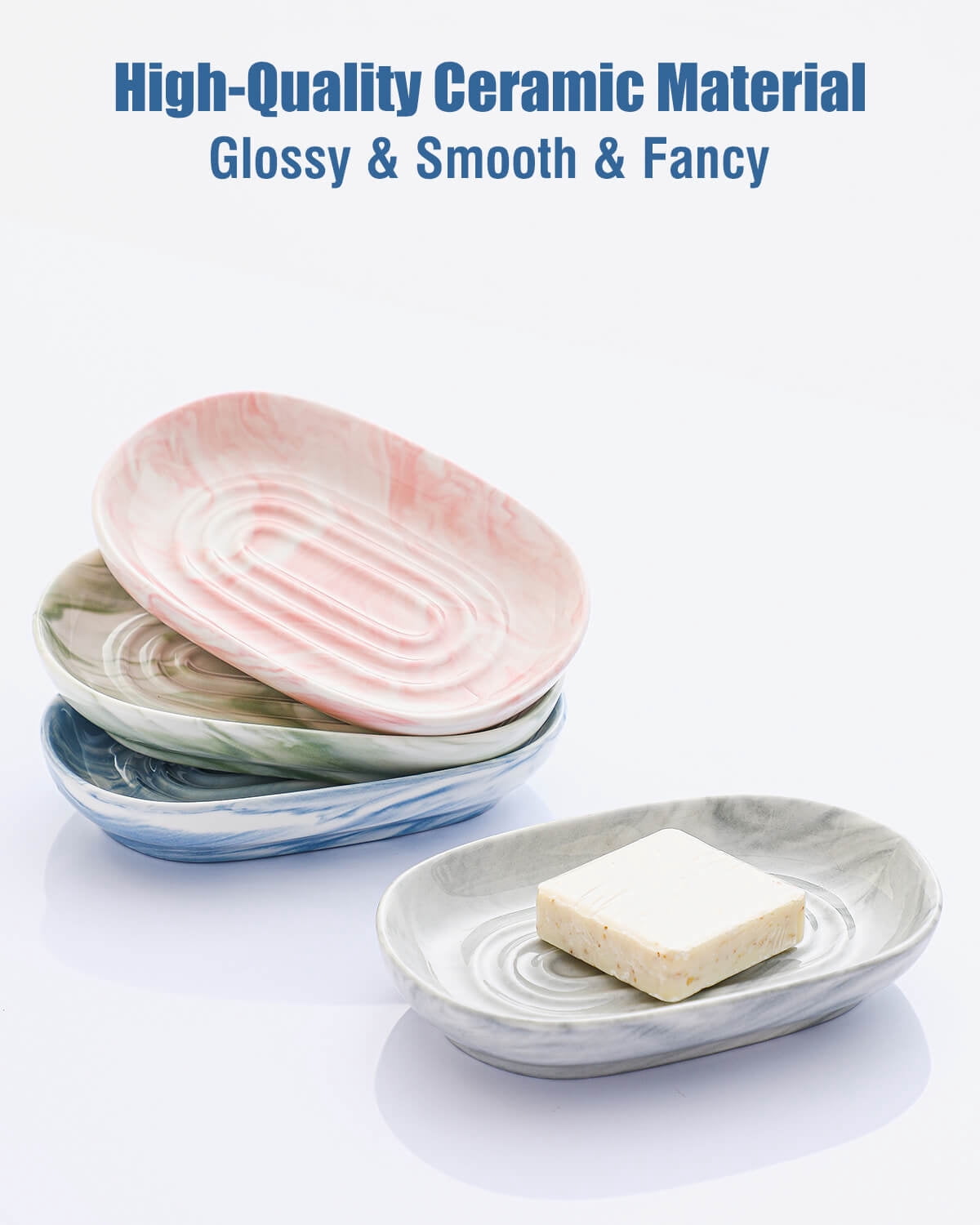 Ceramic Soap Dish with Marbled Blue Glaze and Drainage Ridge, 5 Inches - Image 2