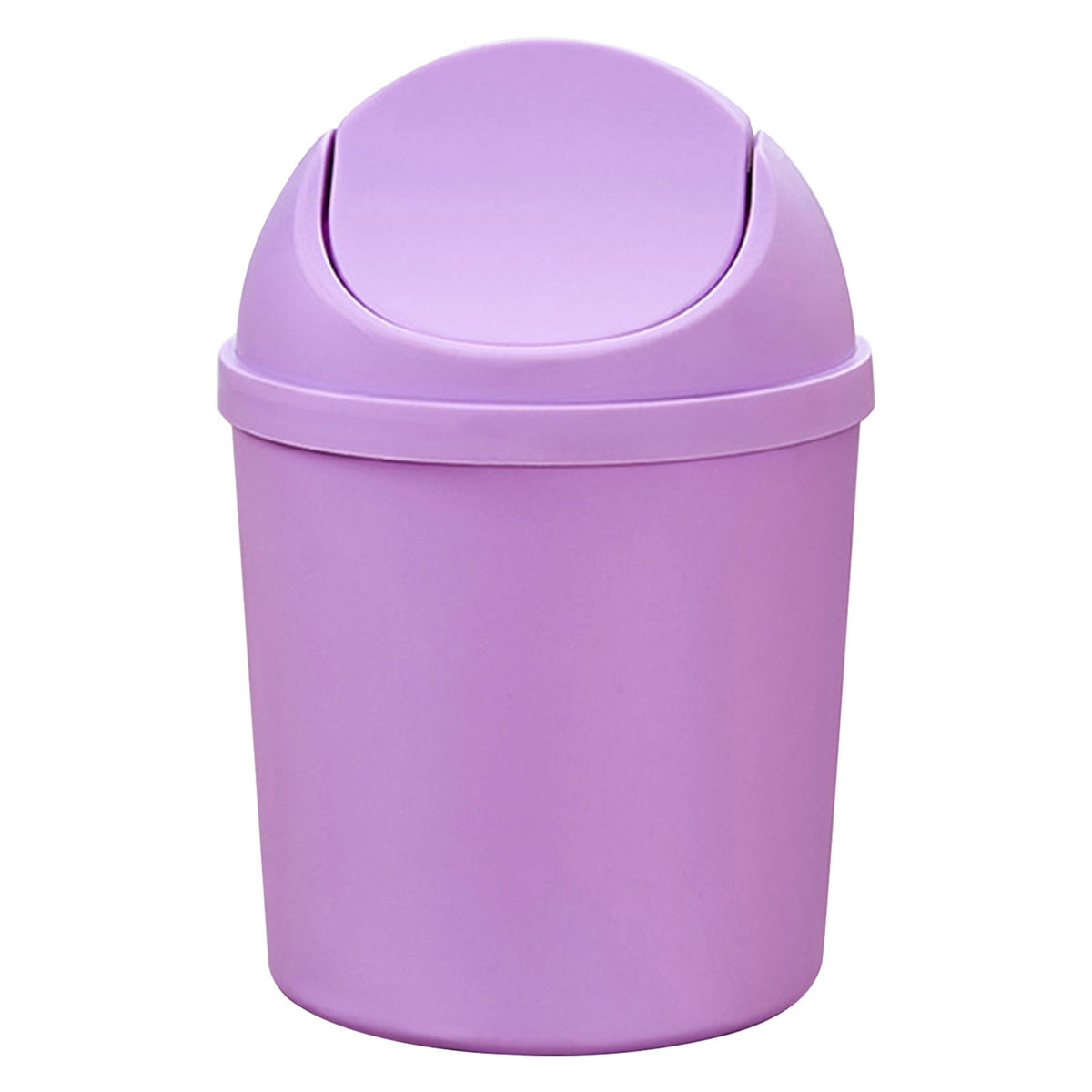 Mini Round Desktop Bin with Swing Lid, Purple Plastic for a Vanity