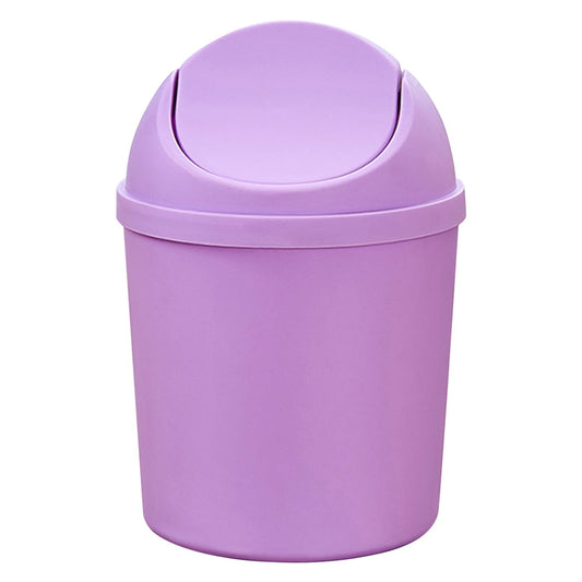 Mini Round Desktop Bin with Swing Lid, Purple Plastic for a Vanity