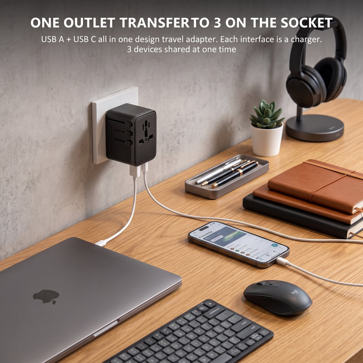 Universal Travel Adapter with USB-A and USB-C Ports, Four Plug Types, Black - Image 3