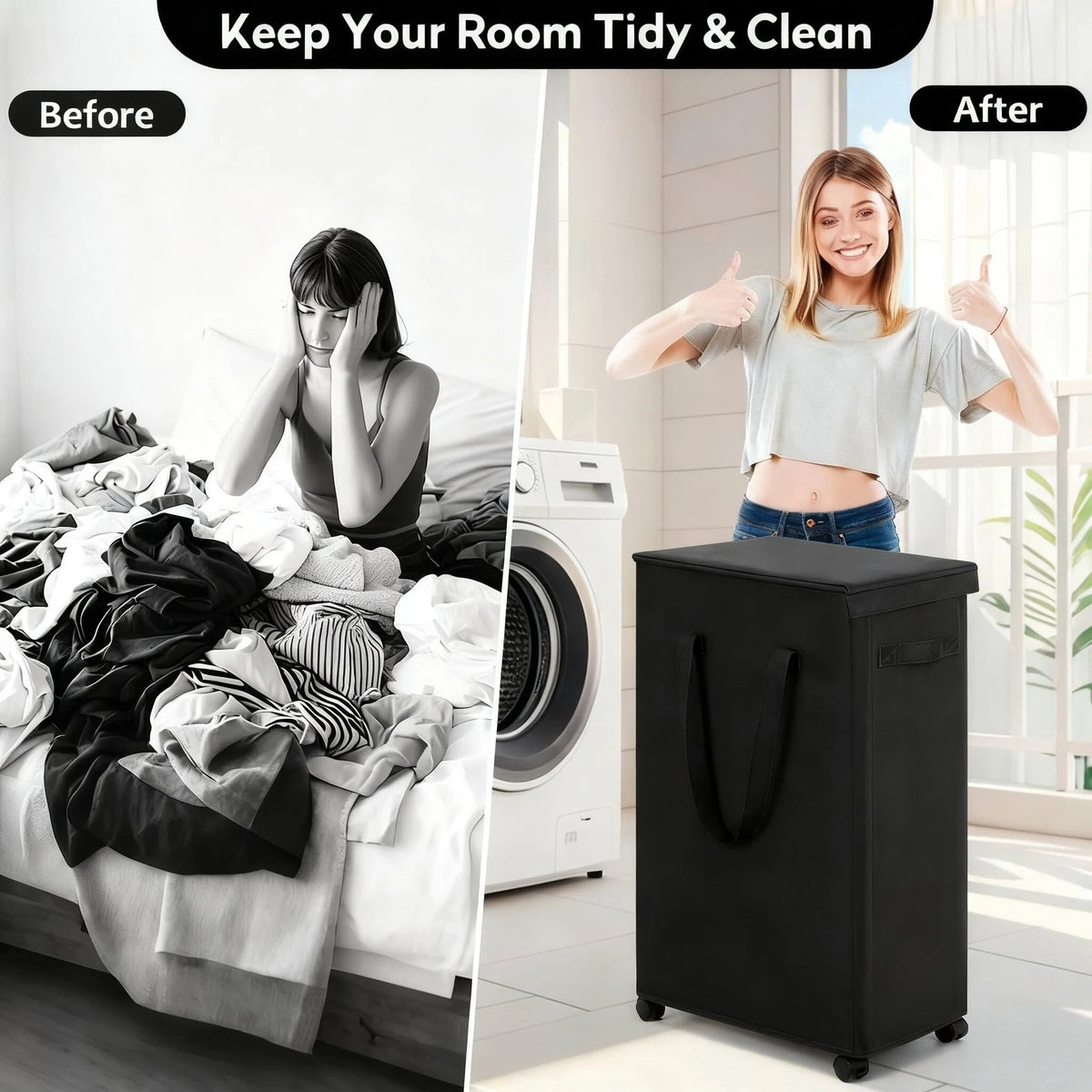 Rolling Laundry Hamper with Lid, Foldable Oxford Cloth on Casters - Image 6