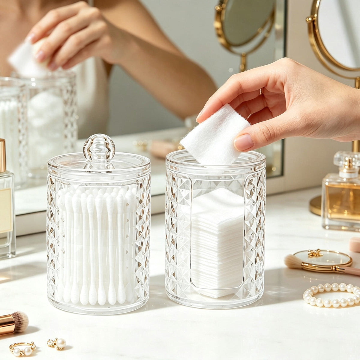 Lidded Vanity Jars for Cotton Swabs and Pads, Clear Canister Set - Image 5