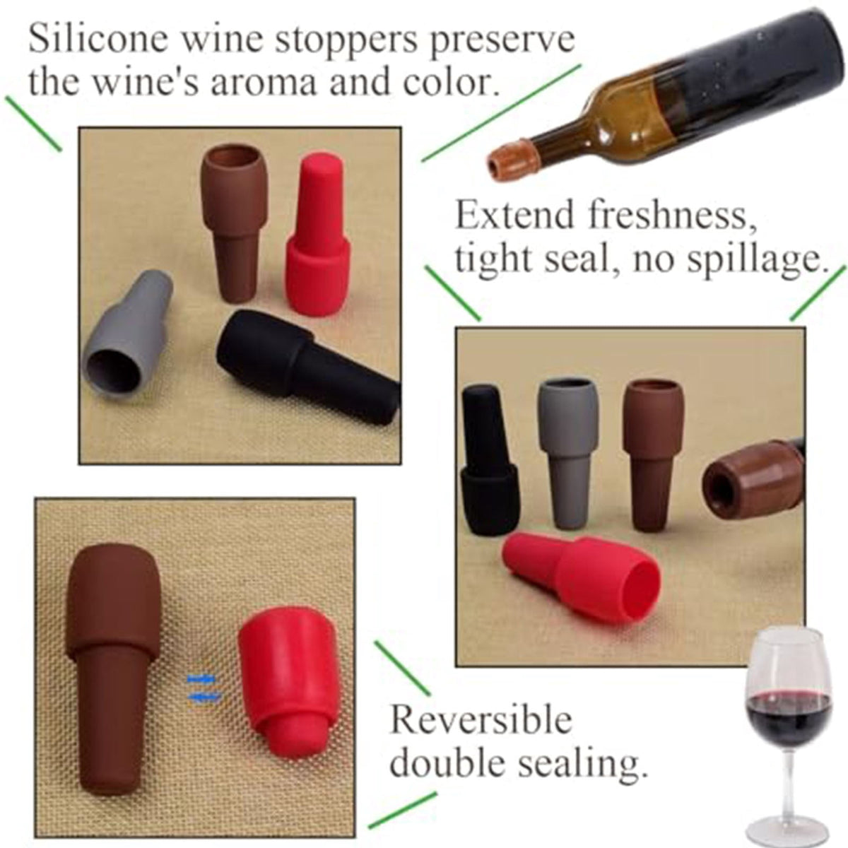 Reusable Silicone Bottle Stoppers, Set of 10 in Black, 2.7 Inches Tall - Image 4
