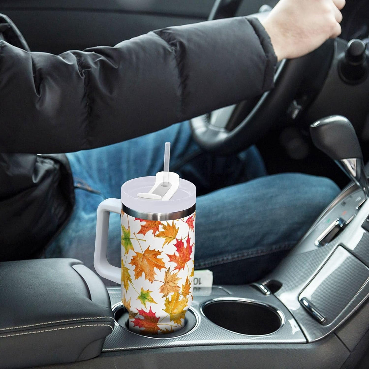 Thirty-Ounce Insulated Tumbler with Handle, Lid and Straw, Leaf Print - Image 5