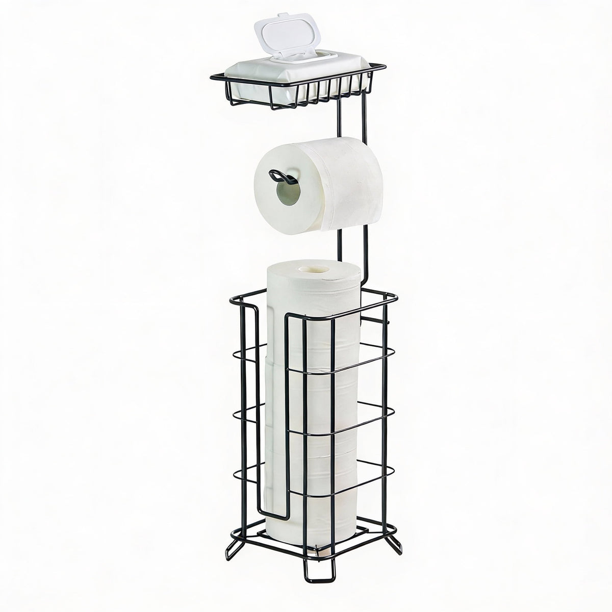 Free-Standing Toilet Roll Stand with Top Shelf, Holds Four Rolls, Black