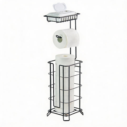 Free-Standing Toilet Roll Stand with Top Shelf, Holds Four Rolls, Black