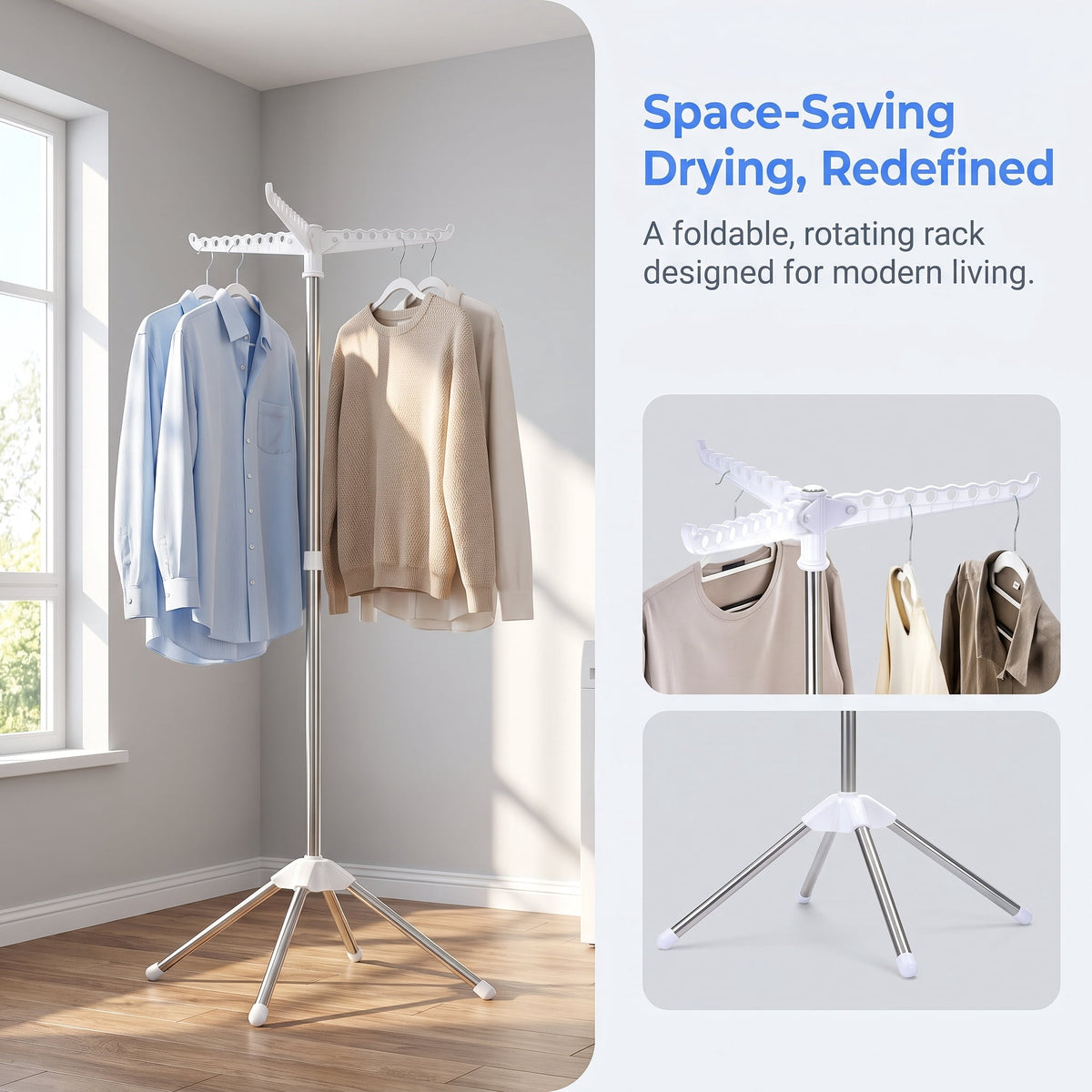 Foldable Tripod Drying Rack, 59 Inches Tall with a Rotating Rail - Image 3