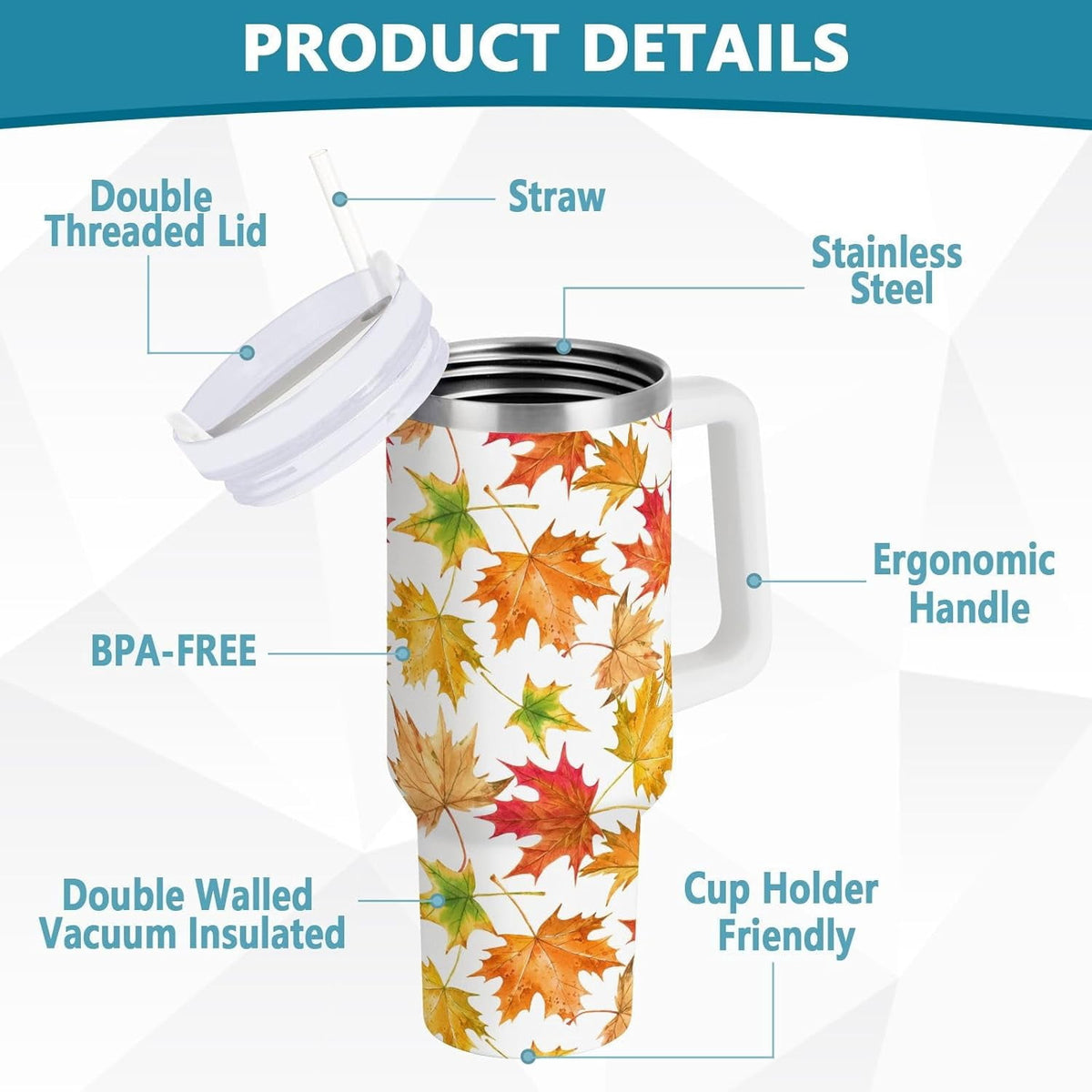 Thirty-Ounce Insulated Tumbler with Handle, Lid and Straw, Leaf Print - Image 2