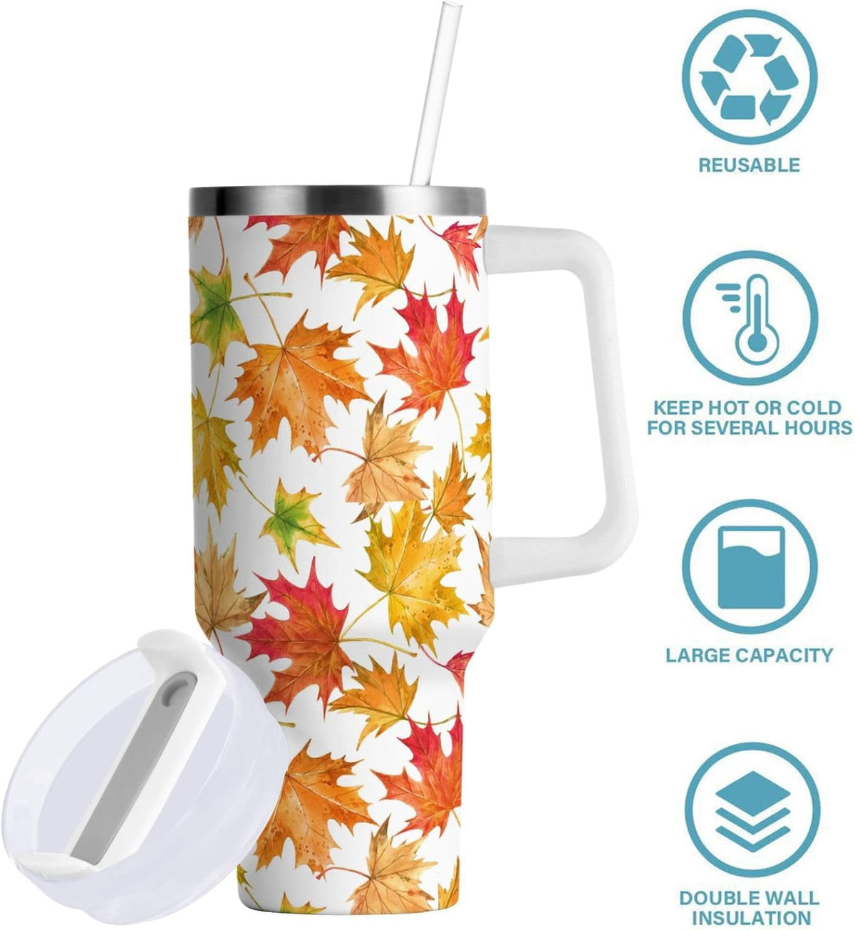 Thirty-Ounce Insulated Tumbler with Handle, Lid and Straw, Leaf Print - Image 4