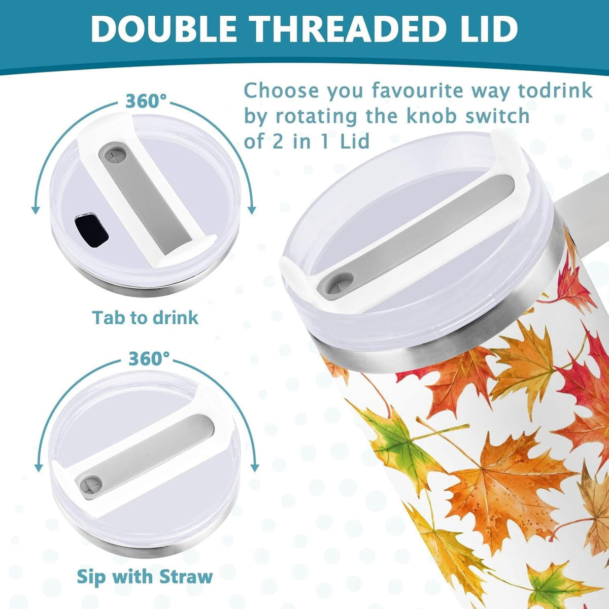 Thirty-Ounce Insulated Tumbler with Handle, Lid and Straw, Leaf Print - Image 3