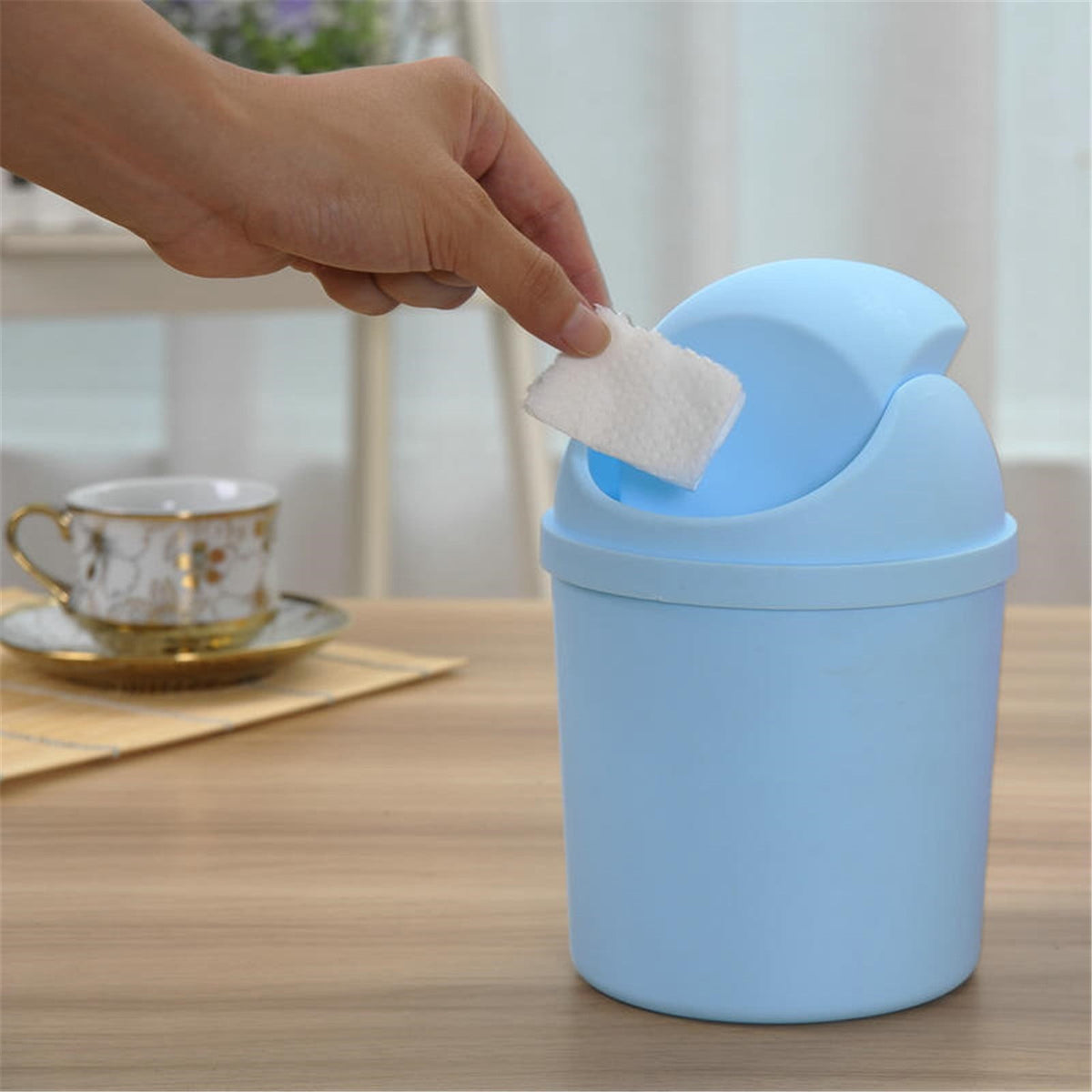 Mini Round Desktop Bin with Swing Lid, Purple Plastic for a Vanity - Image 4