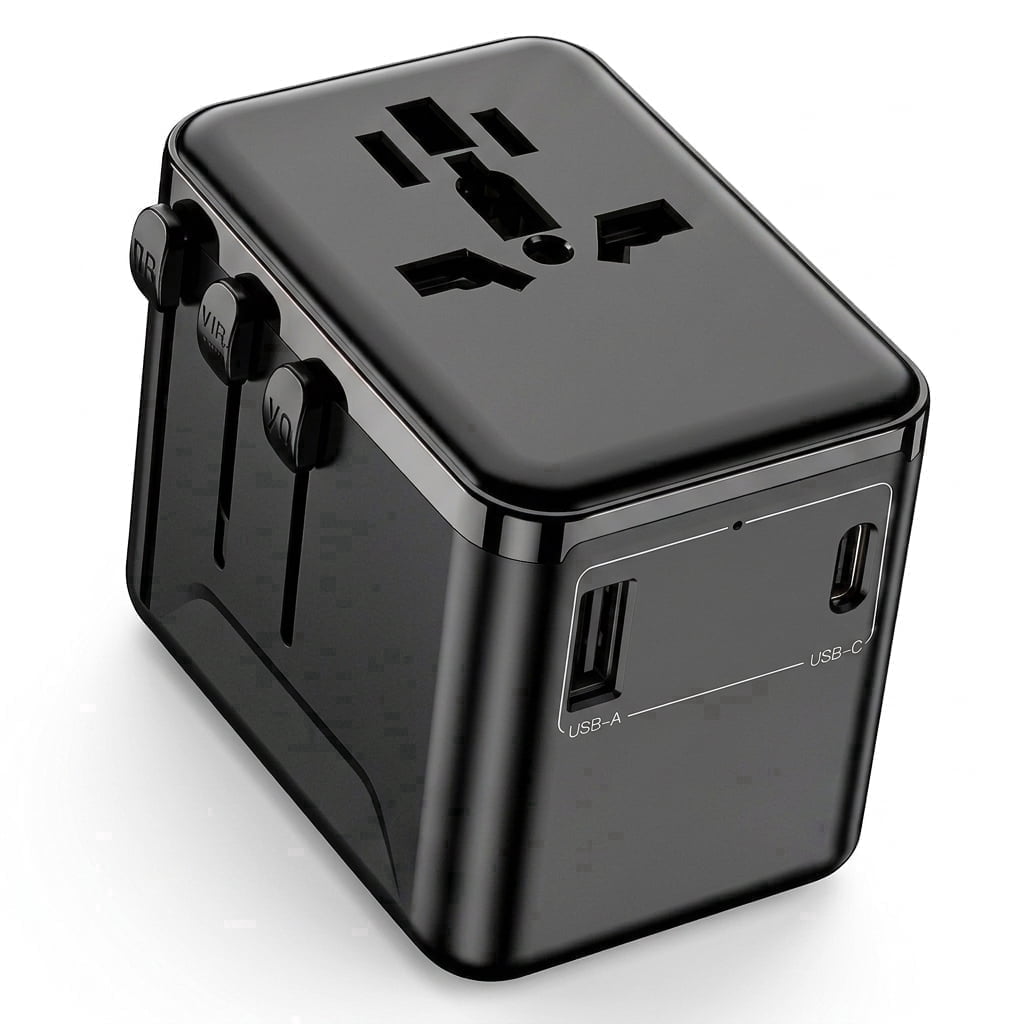 Universal Travel Adapter with USB-A and USB-C Ports, Four Plug Types, Black