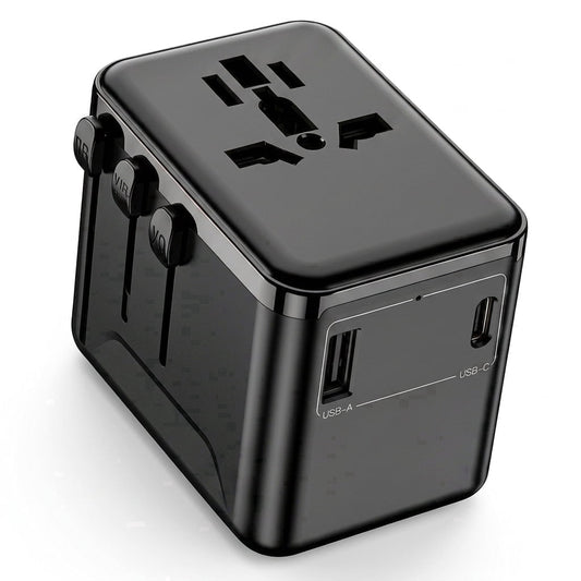 Universal Travel Adapter with USB-A and USB-C Ports, Four Plug Types, Black