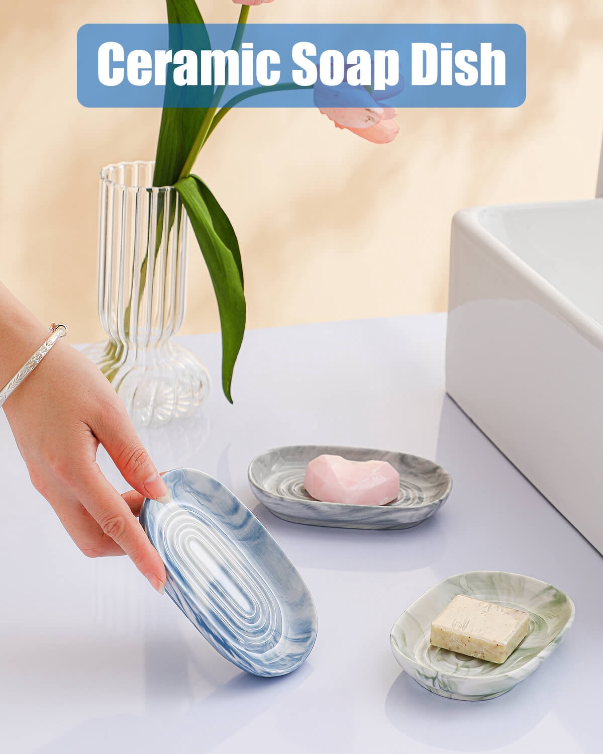 Ceramic Soap Dish with Marbled Blue Glaze and Drainage Ridge, 5 Inches - Image 3
