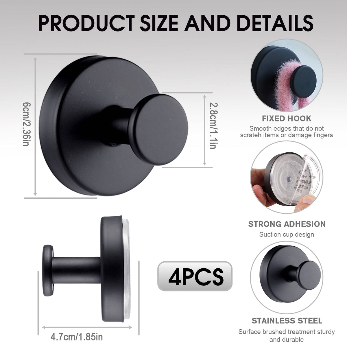Suction Cup Shower Hooks, Set of 4 in Matte Black, Holds 11 Pounds - Image 3
