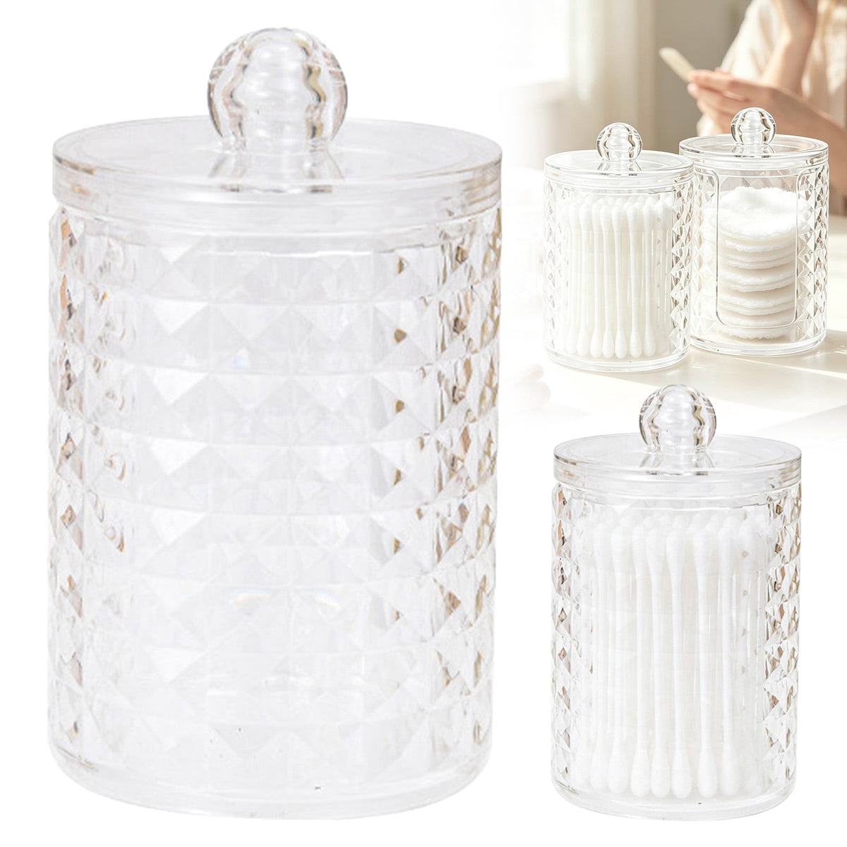 Lidded Vanity Jars for Cotton Swabs and Pads, Clear Canister Set - Image 2