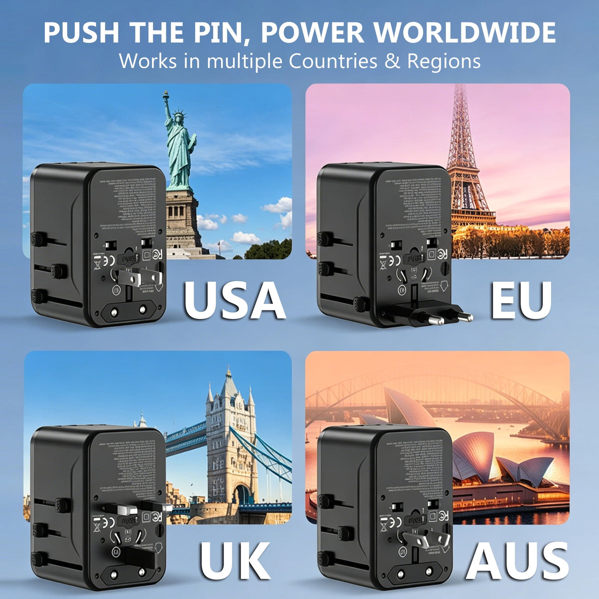 Universal Travel Adapter with USB-A and USB-C Ports, Four Plug Types, Black - Image 2