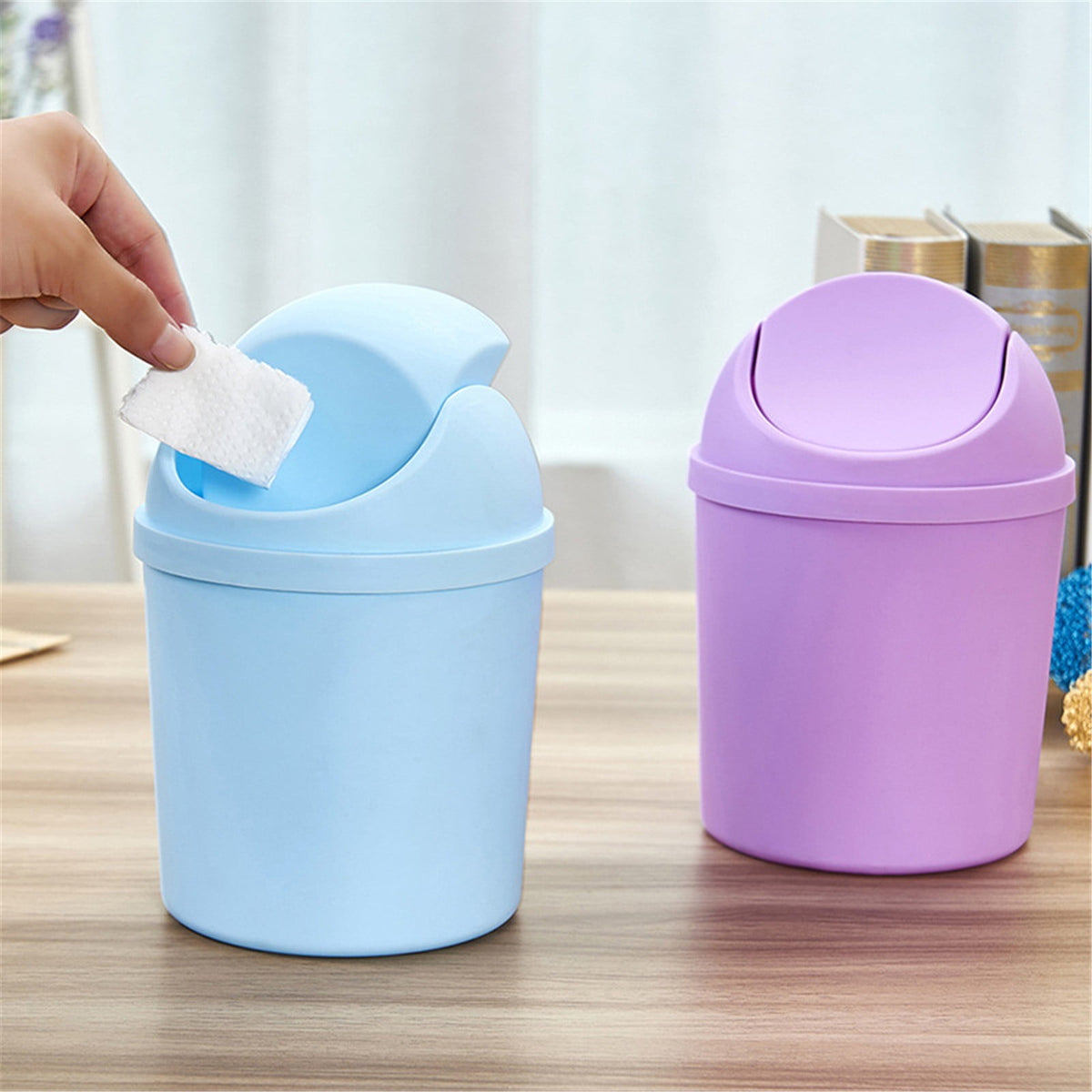 Mini Round Desktop Bin with Swing Lid, Purple Plastic for a Vanity - Image 5