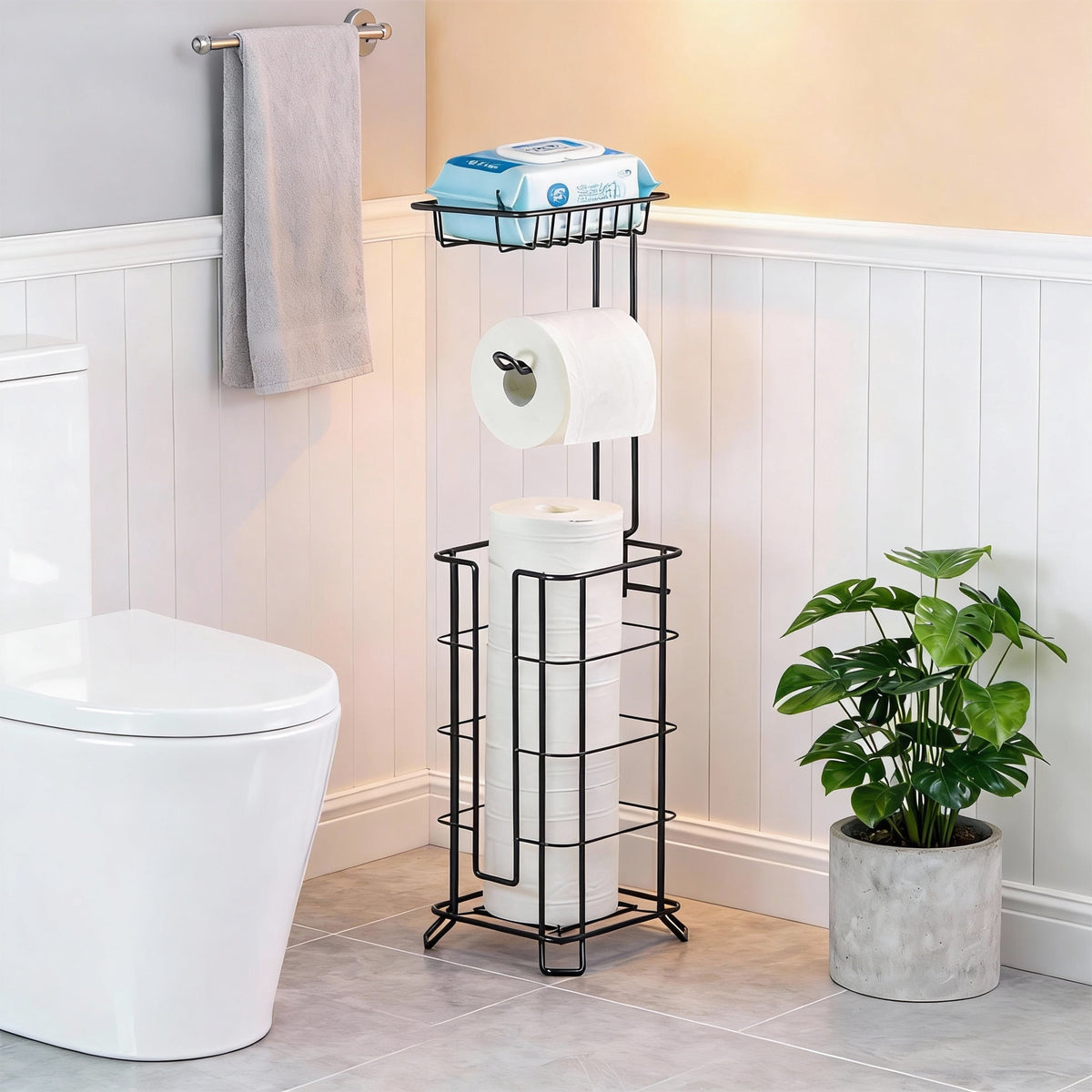 Free-Standing Toilet Roll Stand with Top Shelf, Holds Four Rolls, Black - Image 6