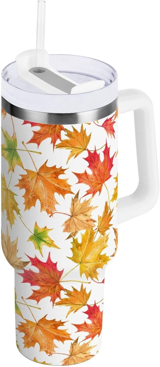 Thirty-Ounce Insulated Tumbler with Handle, Lid and Straw, Leaf Print