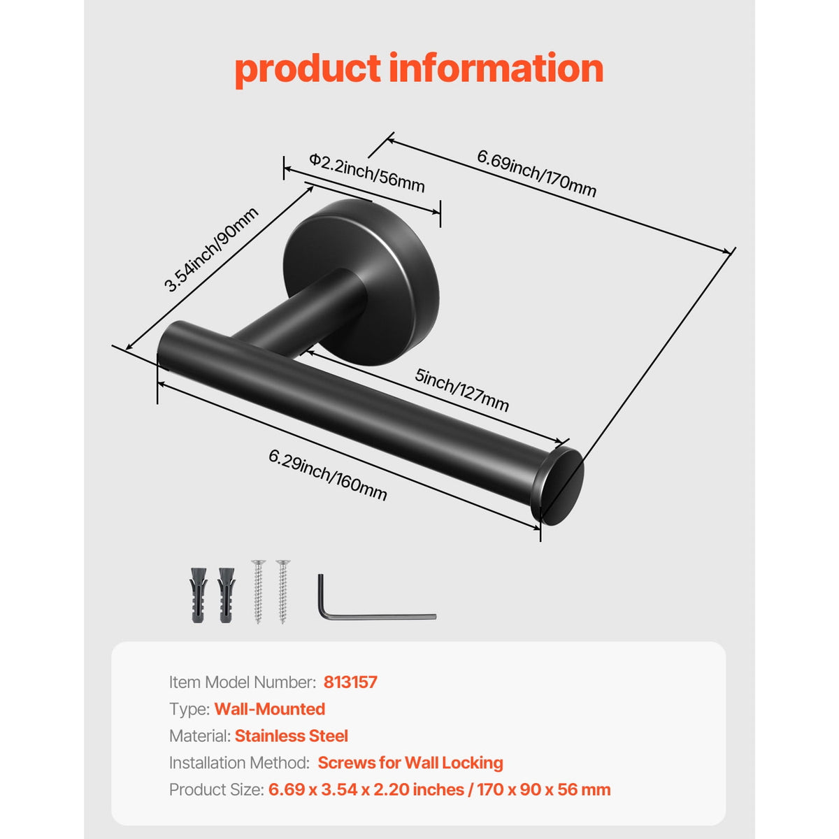 Wall-Mounted Toilet Roll Holder in Stainless Steel, 5 Inch Rod - Image 2