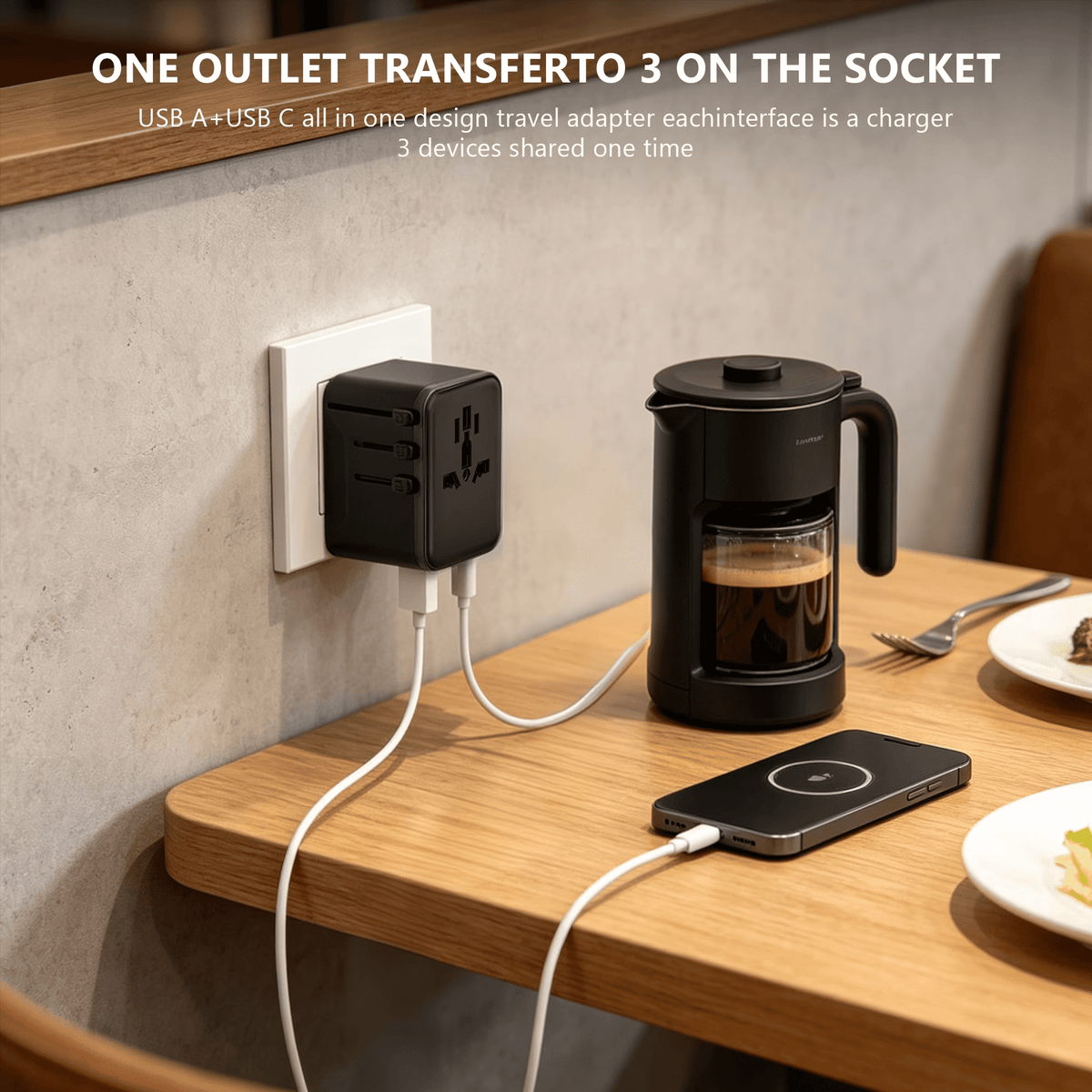 Universal Travel Adapter with USB-A and USB-C Ports, Four Plug Types, Black - Image 4