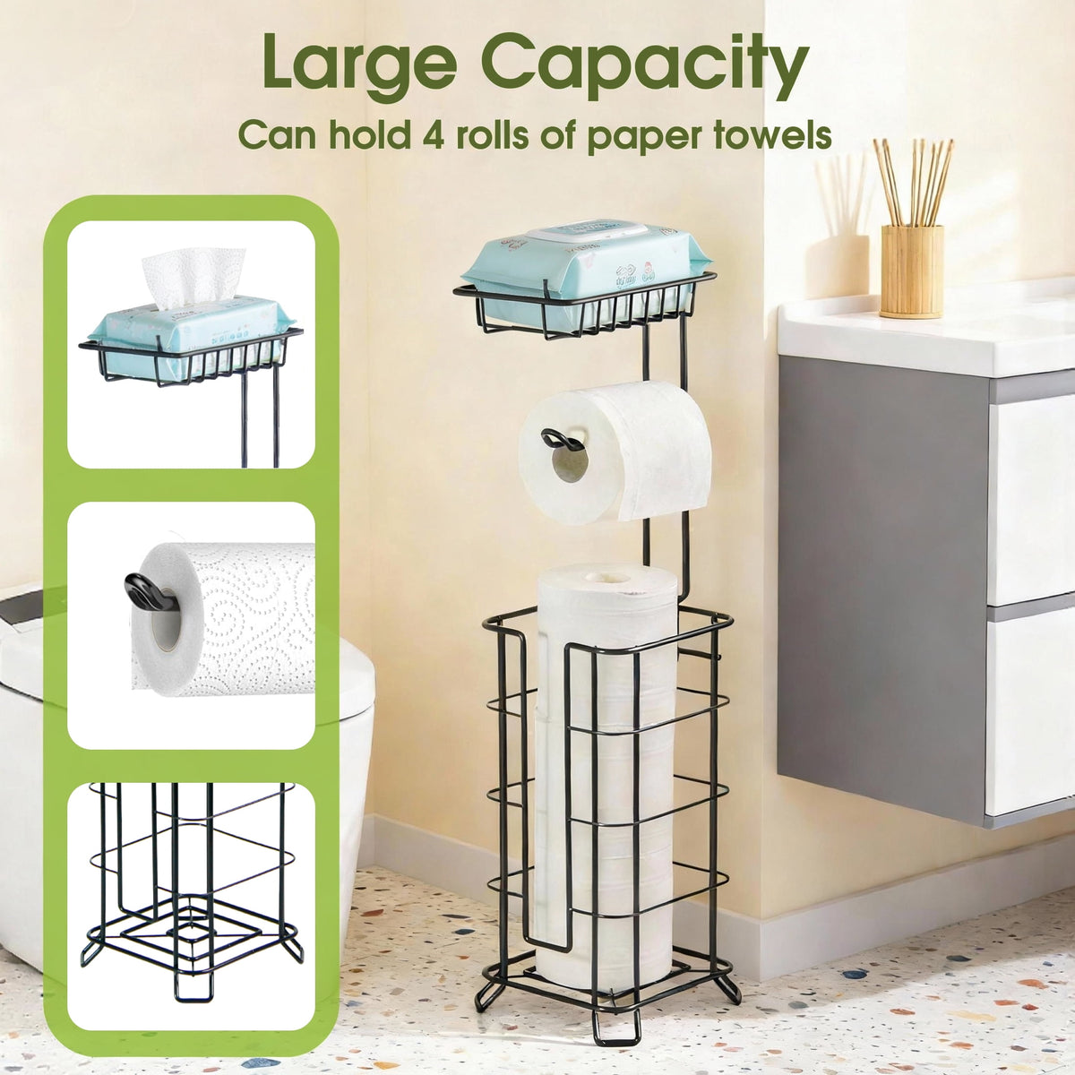 Free-Standing Toilet Roll Stand with Top Shelf, Holds Four Rolls, Black - Image 4
