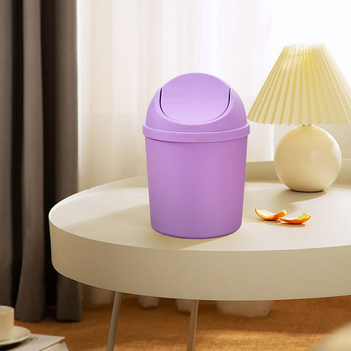 Mini Round Desktop Bin with Swing Lid, Purple Plastic for a Vanity - Image 2
