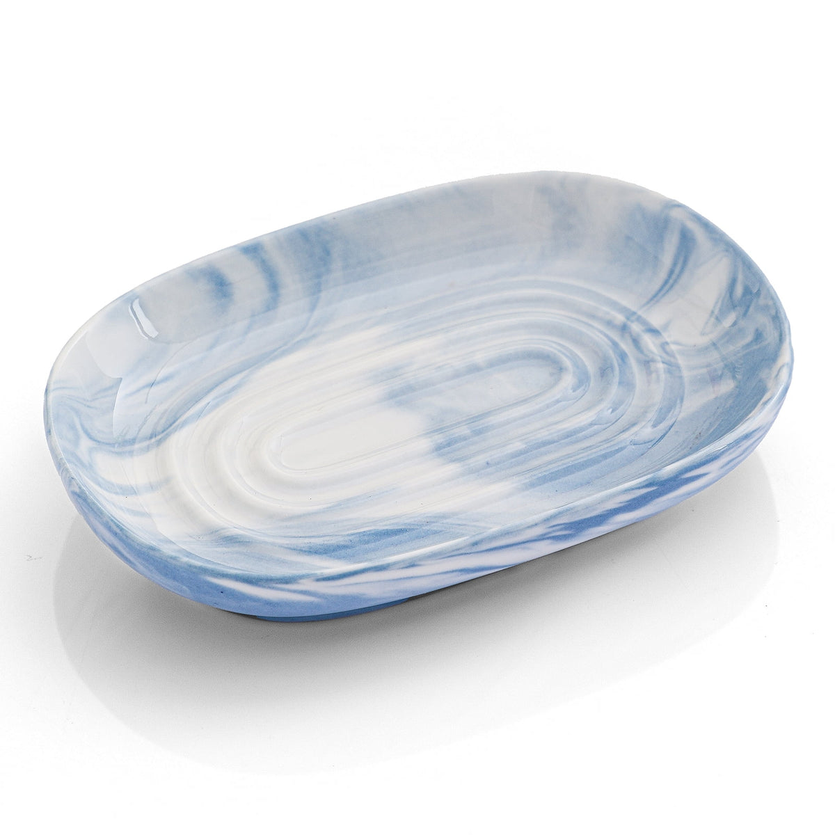 Ceramic Soap Dish with Marbled Blue Glaze and Drainage Ridge, 5 Inches