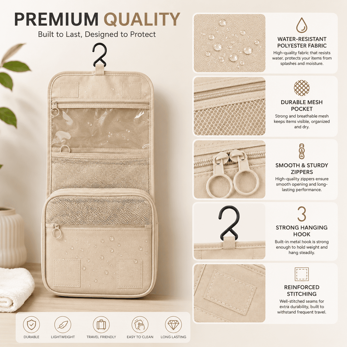 Hanging Toiletry Bag with Hook, Water-Resistant Polyester, 9.3 Inches Wide - Image 6